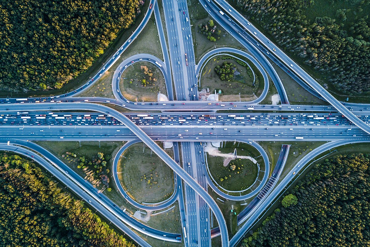Aerial view of a highway interchange showing multiple lanes and overpasses